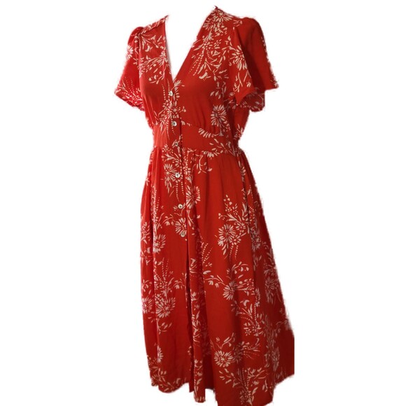 Floral Button Up Split Deep V Short Bell Sleeve Midi Dress with Pockets Sz M - Picture 3 of 8